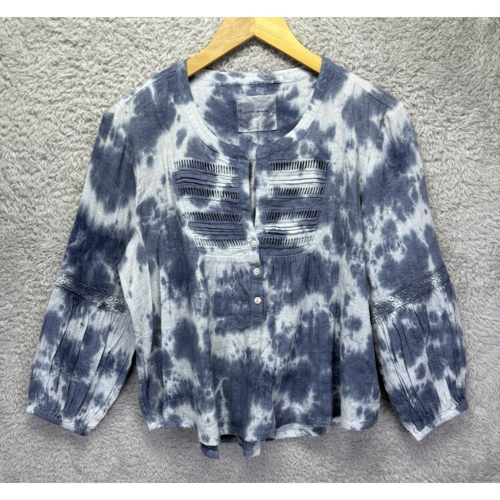 Lucky Brand Femme Top Womens M Blue White Split Neck Balloon Sleeve Boho Blouse